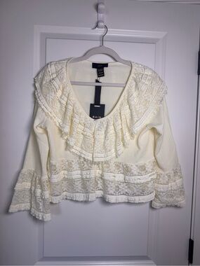 Rain and Rose Cream Lace-Trim Ruffle Blouse Size M